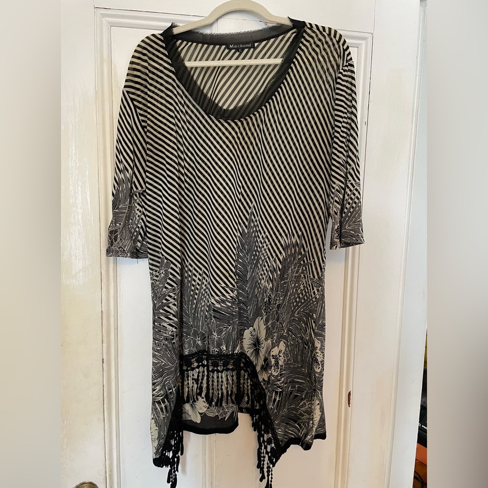 Black and White Striped Floral Tunic